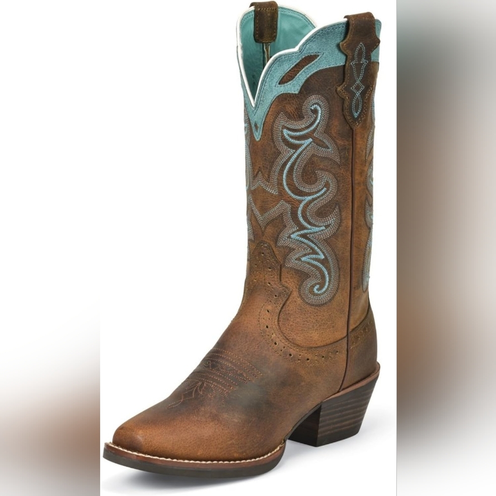 Brown Leather Western Cowboy Boots with Teal Stitching - Women's